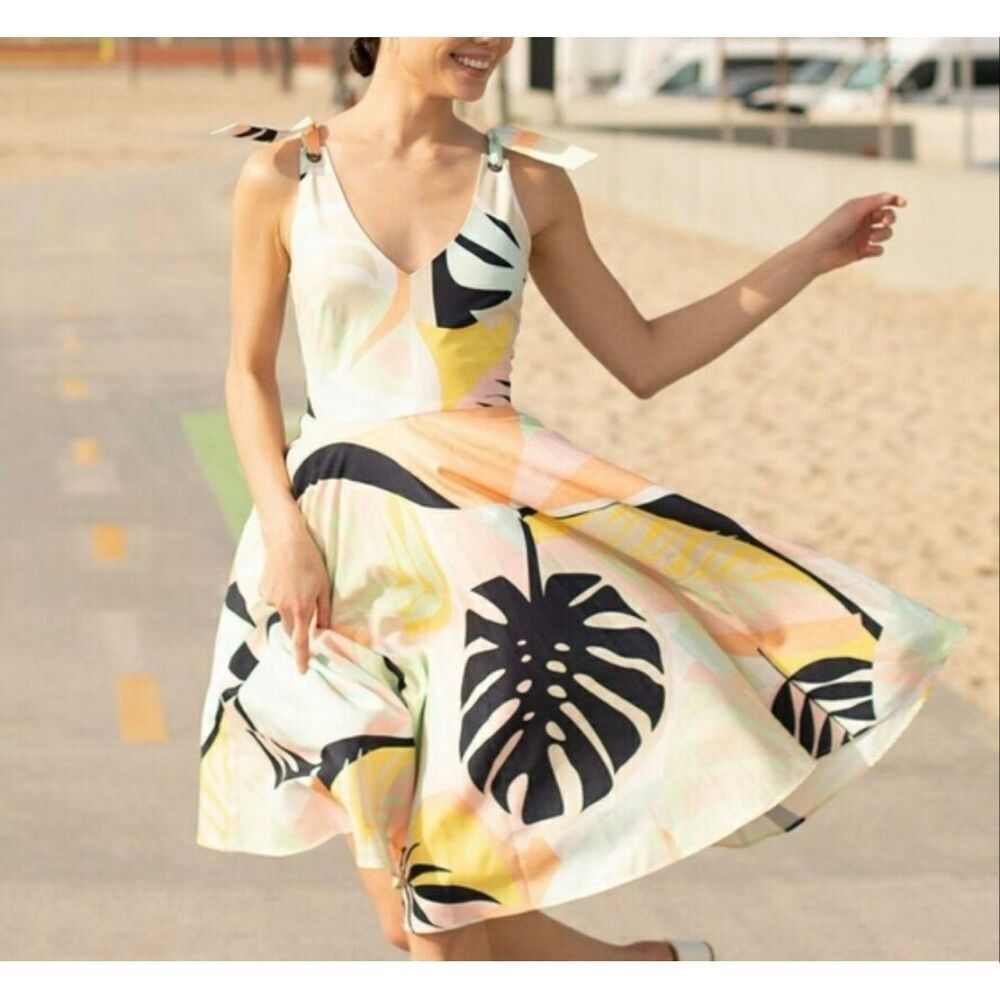 Modcloth x Hutch Multicolor Tropical Tie Shoulder Sleeveless Midi Sundress Sz 6